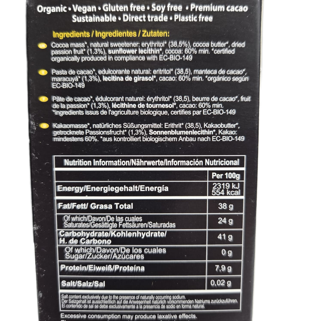 PACCARI | Zuckerfreie Bio Schokolade Maracuja | Ecuador | 60% Kakao