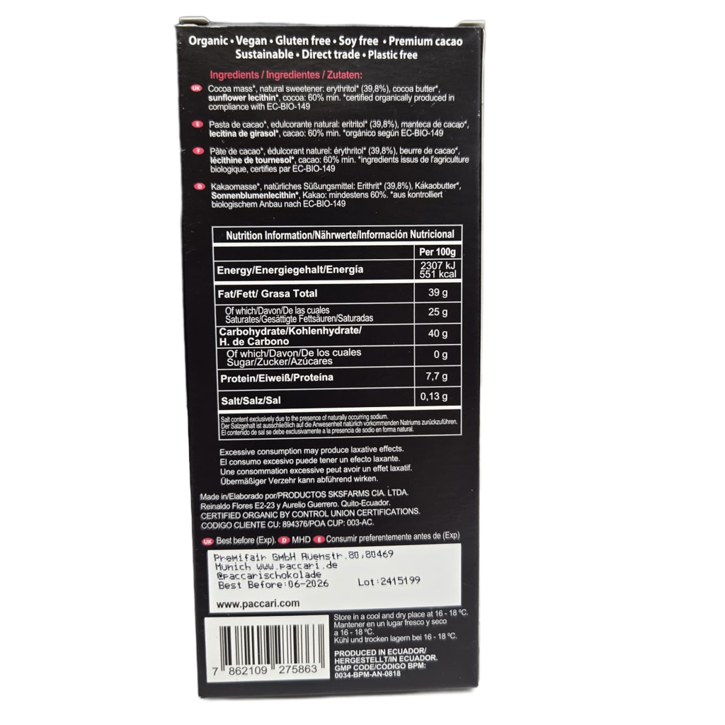 PACCARI | Zuckerfreie Bio Schokolade 60% Kakao | Ecuador | 60% Kakao