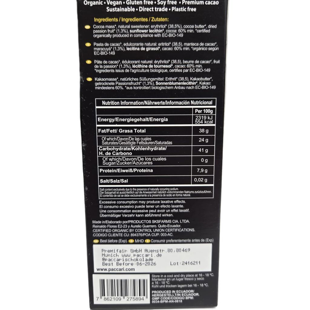 PACCARI | Zuckerfreie Bio Schokolade Maracuja | Ecuador | 60% Kakao