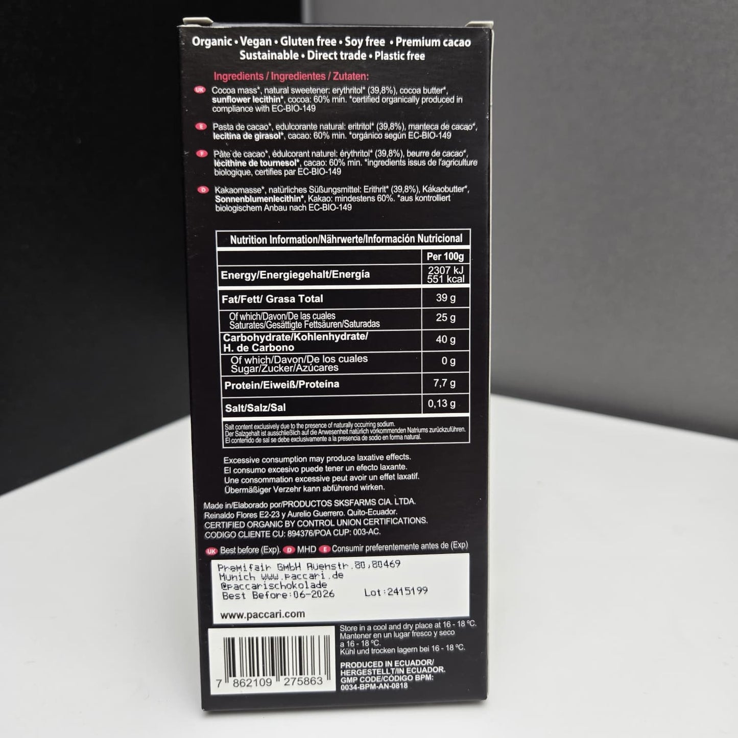 PACCARI | Zuckerfreie Bio Schokolade 60% Kakao | Ecuador | 60% Kakao